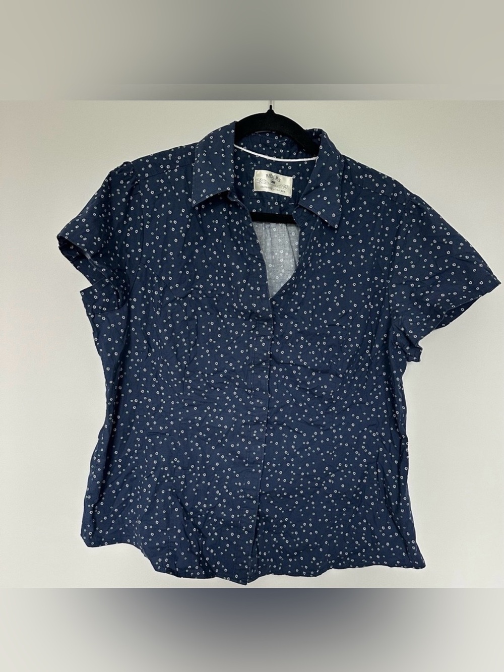 Riders by Lee Shirt Womens XL Navy Blue Floral Ditsy Dot Short Sleeve Blouse